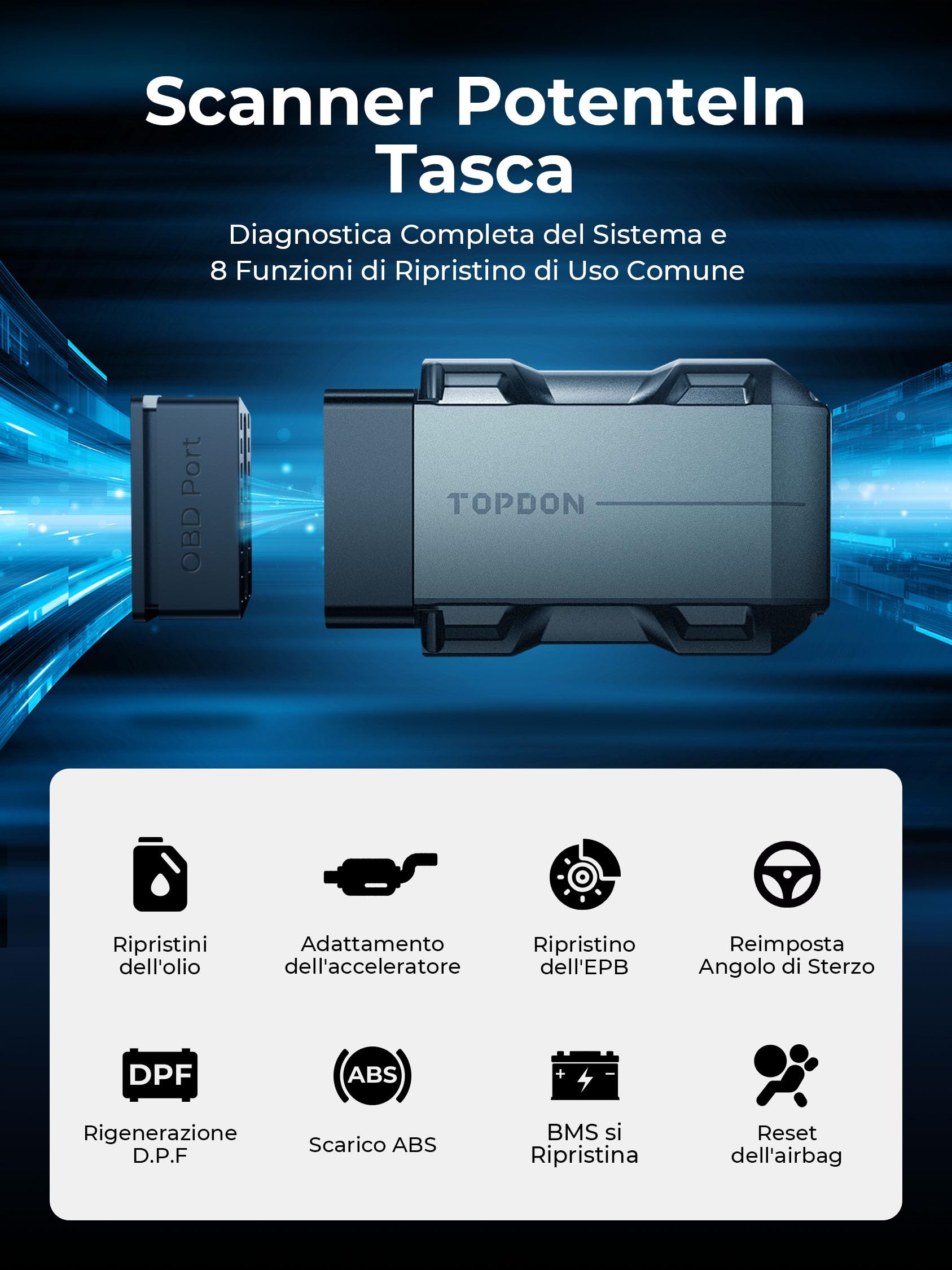 TOPDON Topscan Lite OBD2 Scanner Bluetooth, OBDII WiFi per Tutti Gli Strumenti di Diagnostica del Sistema, Test Attivo, Controllo del Lettore di Codici Auto Motore, Test delle Prestazioni del Veicolo