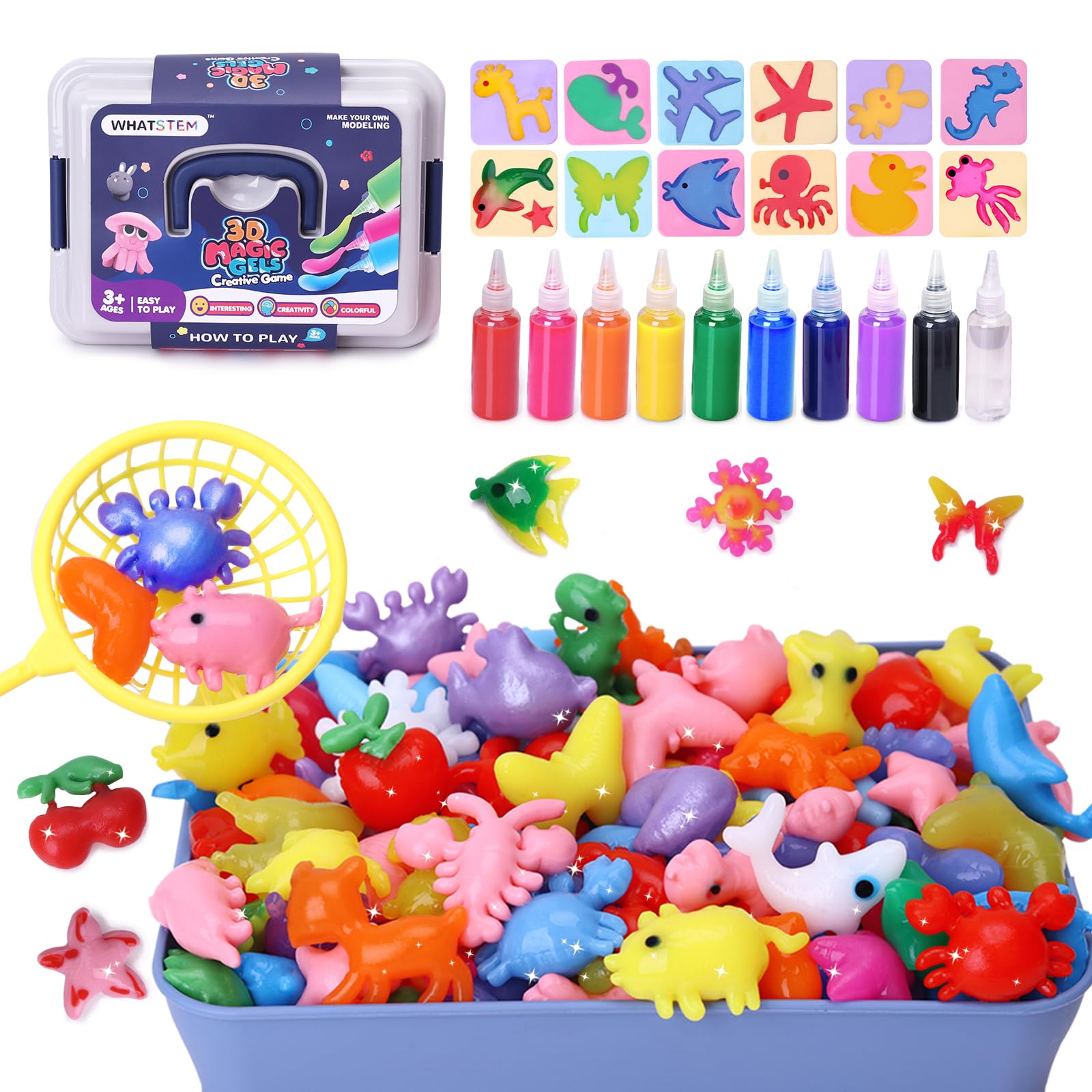 whatstem Creative 3D Magic Gels (2024 Upgrade Version) - Make Your Own Fantastic Colorful Water Toy Figures, Handmade Science Experiment Kit, STEM Toy for Kids, Party Gift for Boys and Girls