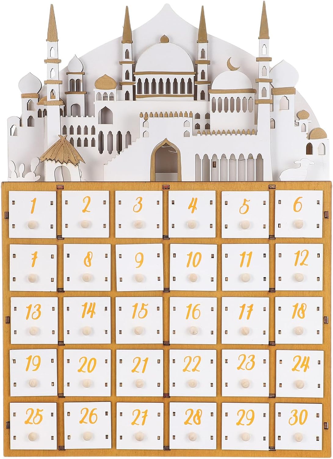 BETOOKY Castles Shaped Wooden Ramadan Advent Calendar with LED Lights - Muslim Countdown Calendars with Drawers Tabletop Organizer for Islamic Festival Decoration