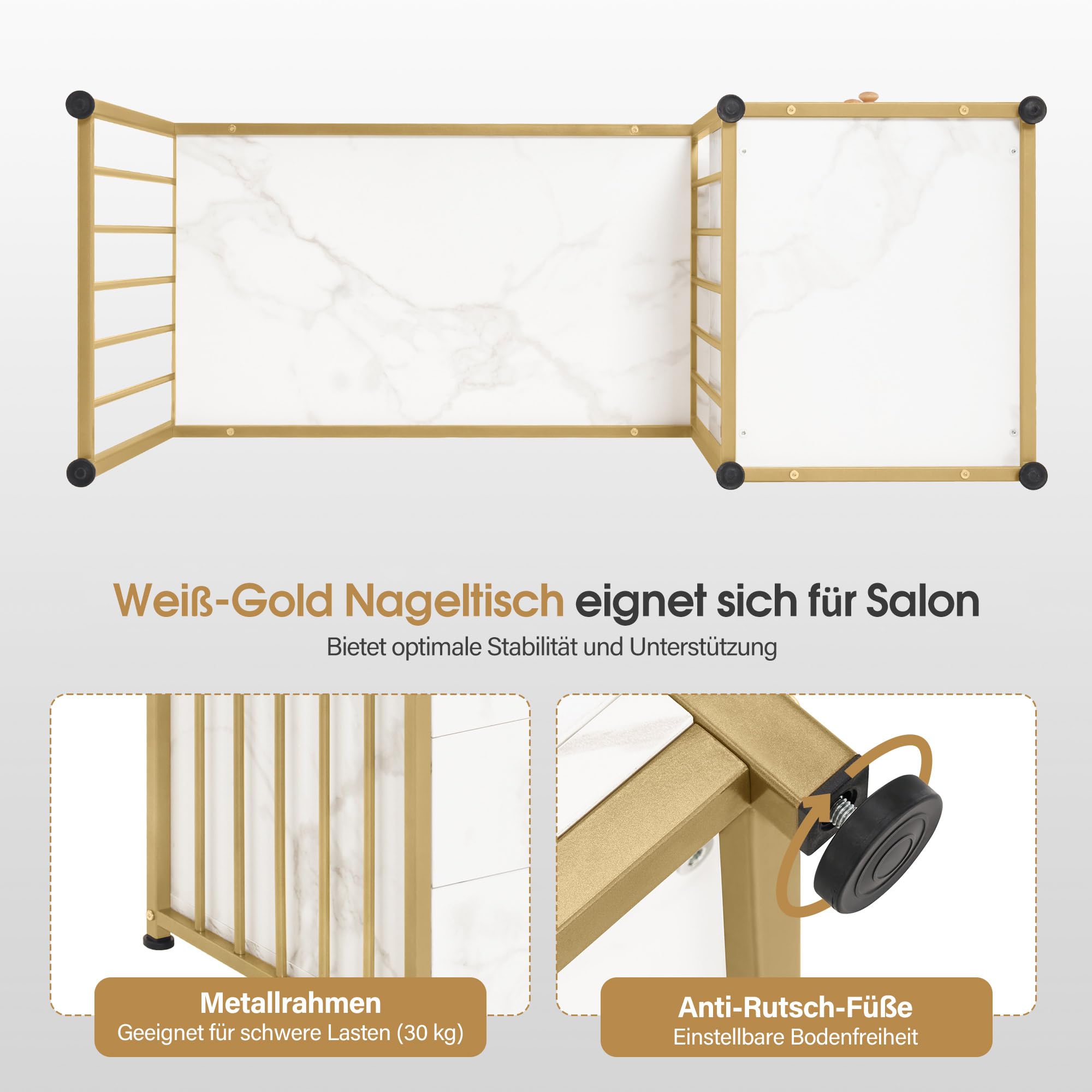 Barberpub Manikürtisch mit 3 Schubladen & 2 Ablagen, Nageltisch aus Holz Metallgestell, Nagelstudio Tisch für Beautysalon, Marmor-Weiß Gold, 45,5x109x81cm, 2407