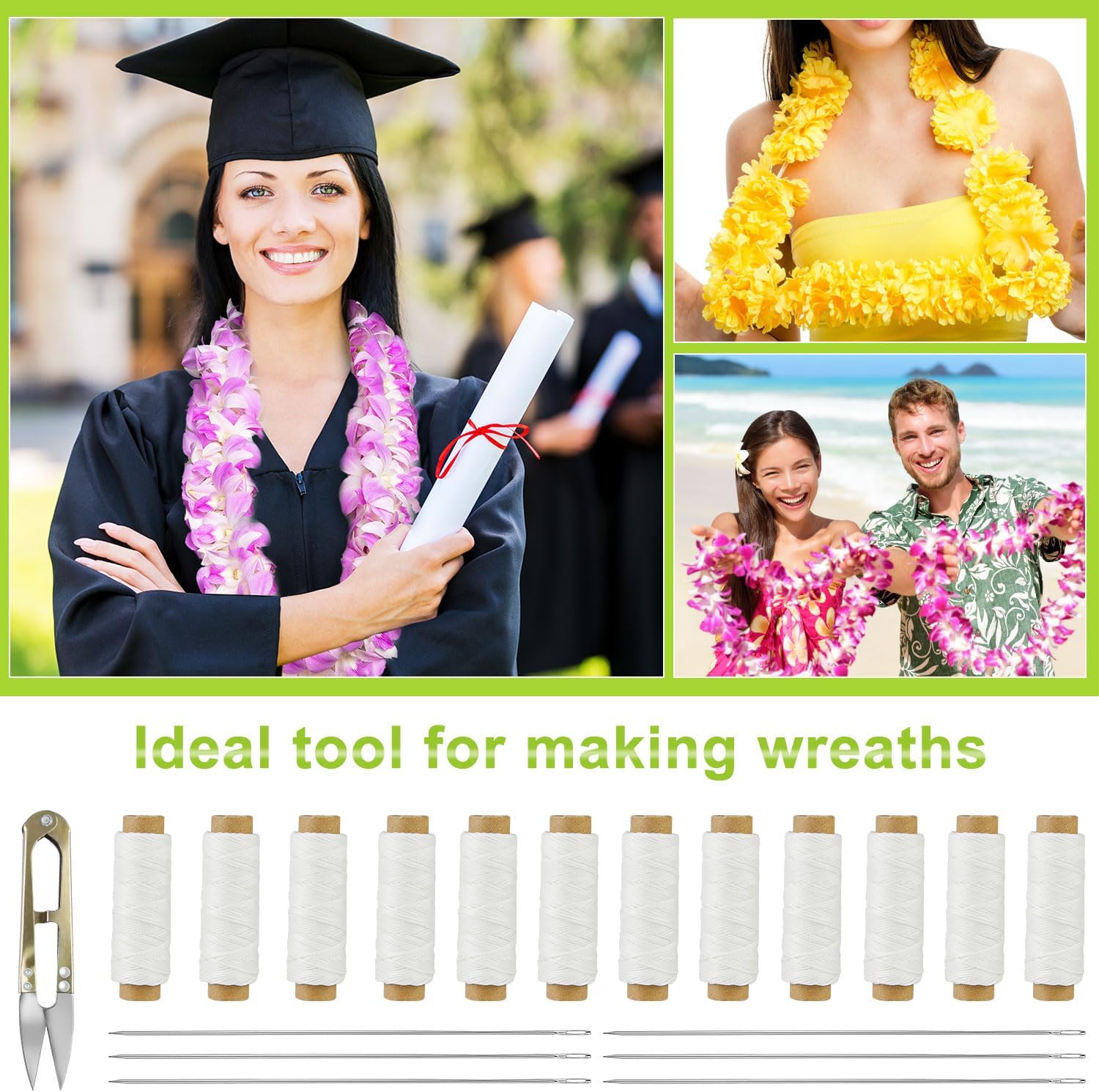 19 PCS Lei Needle Kit Include 6 PCS 12 Inch Graduation Large Eye Lei Sewing Needle 12 Lei Needle Twine 1 Sewing Scissor for DIY Graduation Hawaiian Lei Flowers Wreath Sewing Bead Stitch Craft