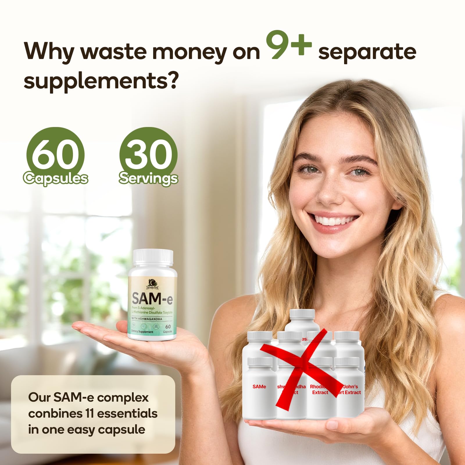 SAM-e Supplement – Capsule Complex with Ashwagandha Extract, L-Theanine, Rhodiola, St. John’s Wort, Omega-3 Fatty Acids, Magnesium, B Vitamins & D3, 60 Capsules — Amazon image 7