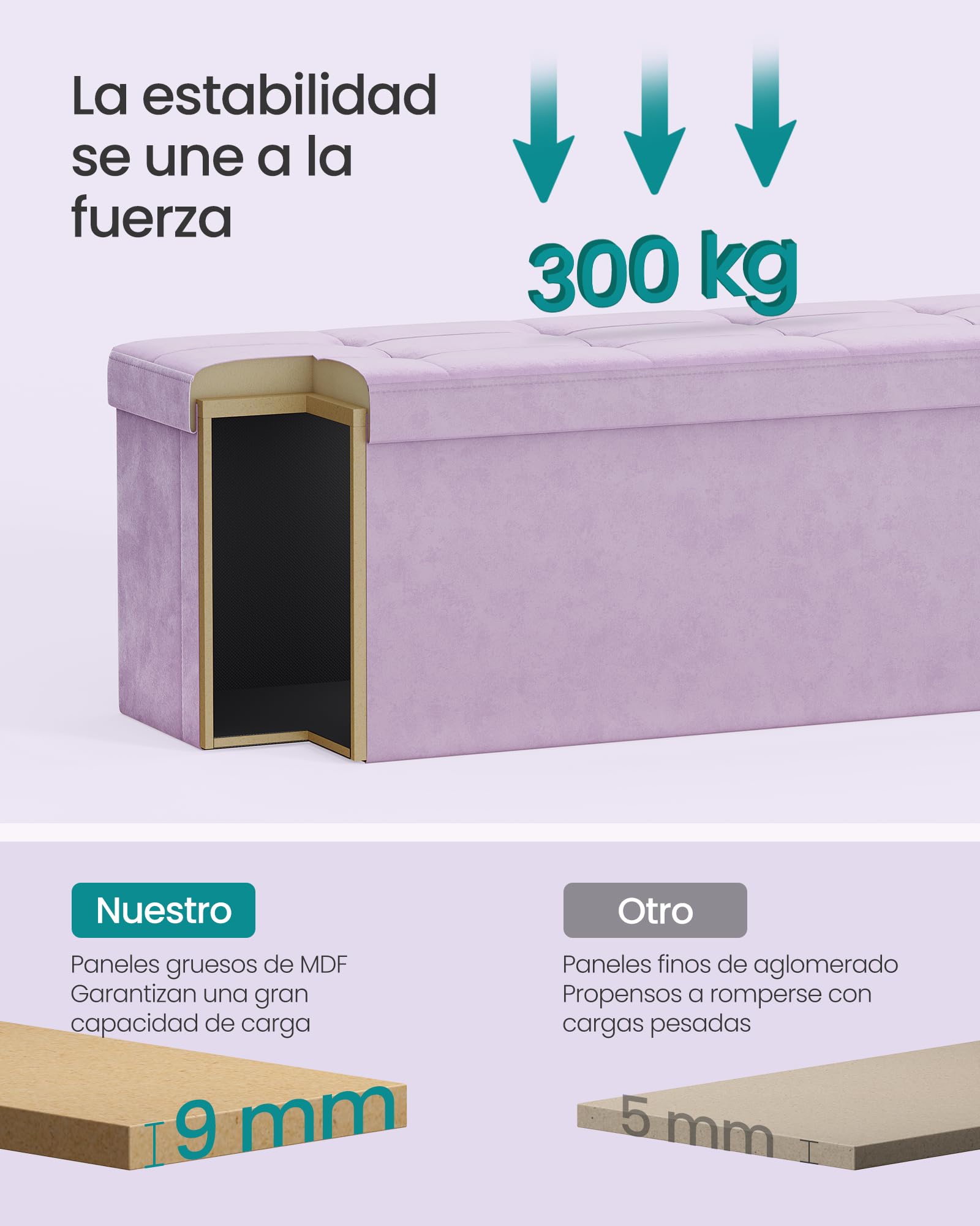SONGMICS Puff Almacenaje, Baúl de Almacenaje Plegable, 38 x 110 x 38 cm, Taburete Reposapiés, Banco de Cubo, Soporta hasta 300 kg, para Sala de Estar, Dormitorio, Entrada, Lila Claro LSF277P01