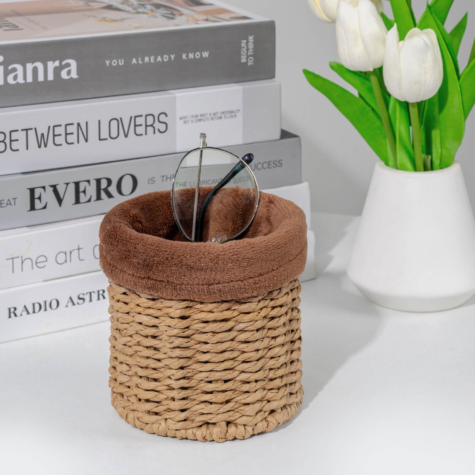 Decorative Pen Pencil Holder for Desk — Farmhouse Rustic Home Decor Office Desk Caddy Storage Organizer — Stylish TV Remote Control Holder Bedside Organizer w/ Soft Plush Lined (Natural)