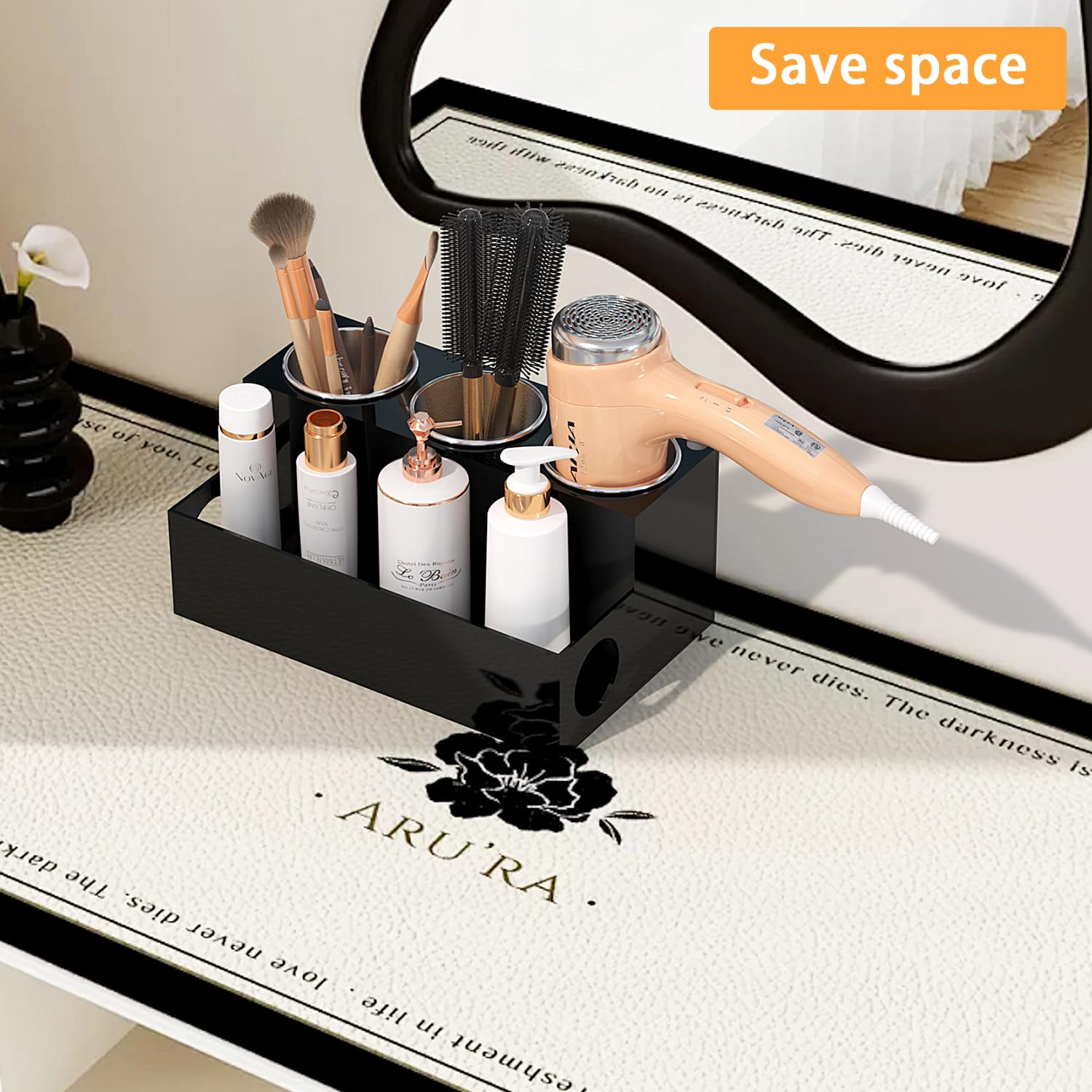 Organizador de herramientas para el cabello, soporte acrílico negro para secador de pelo con 3 tazas, soporte para secador de pelo, suministros de baño, soporte de almacenamiento para