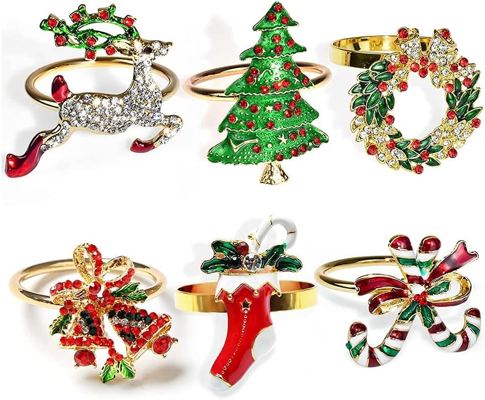 Lesix Christmas Napkin Rings Sets of 6 Pcs, Gold Napkin Holders Metal Dinner Tables Rings for Christmas Weddings Banquet