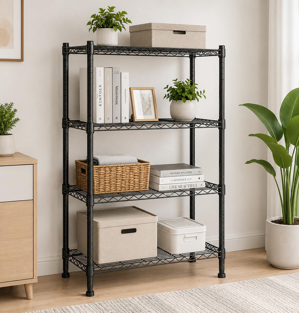 STORACK Height Adjustable Heavy Duty Foldable Boltless Wire Shelving Rack Shelves Free Standing Black Finished Multi Storage Rack (4 Shelf)