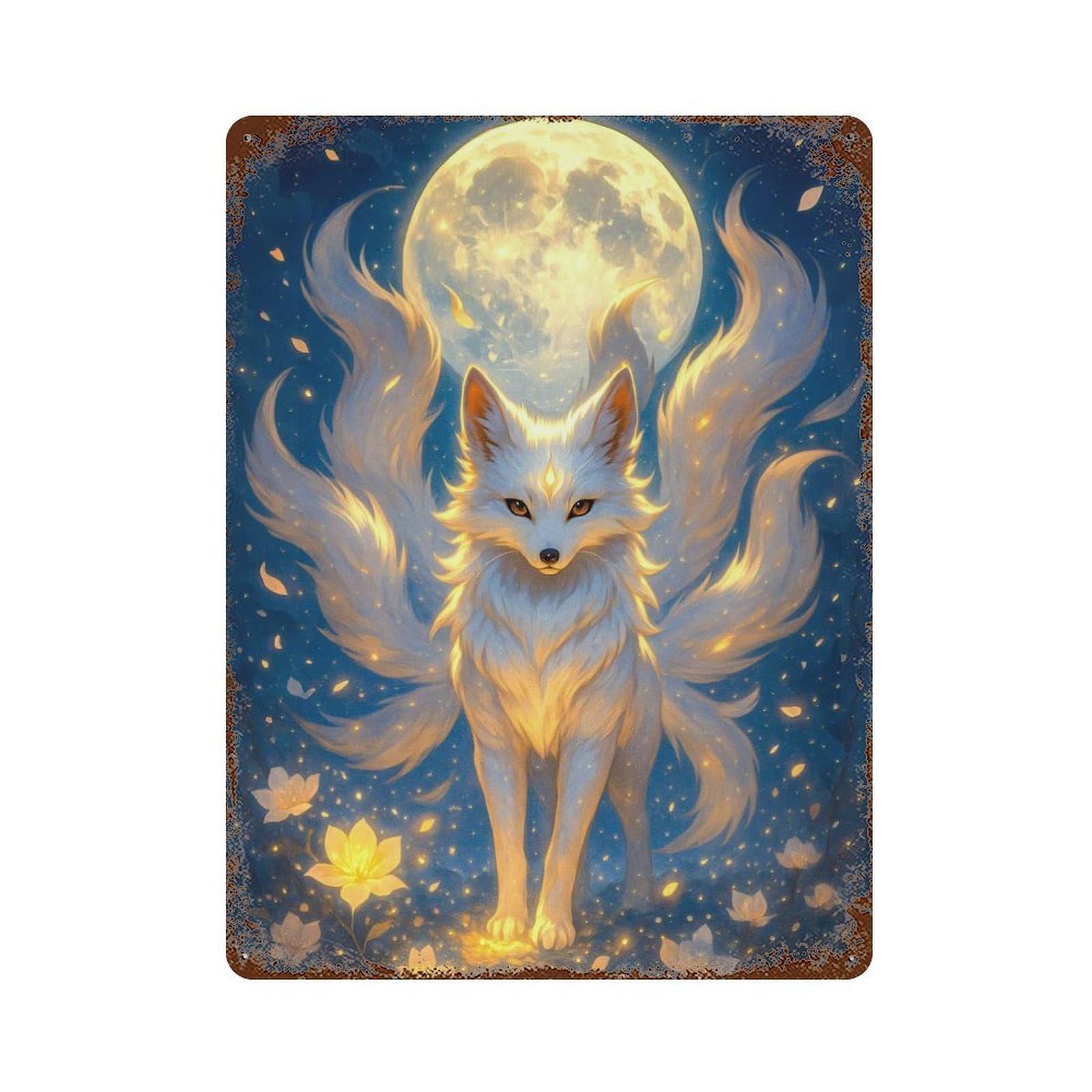 Nine-tailed Fox Under The Moon 15.7"x11.8" Decorative Tin Sign, Retro Wall Decor for Bistro, Counter And Cafe Decor