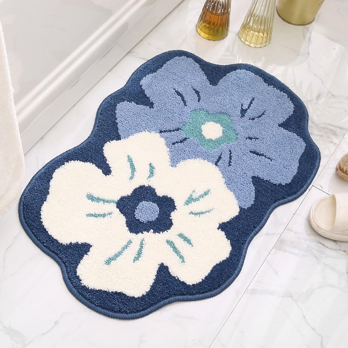Loismood Flowers Bath Carpet Super Absorbent Non Slip 17x27 Inches Bathroom Mat Machine Washable and No Shed Rug for Shower, Sink and Balcony (Blue)