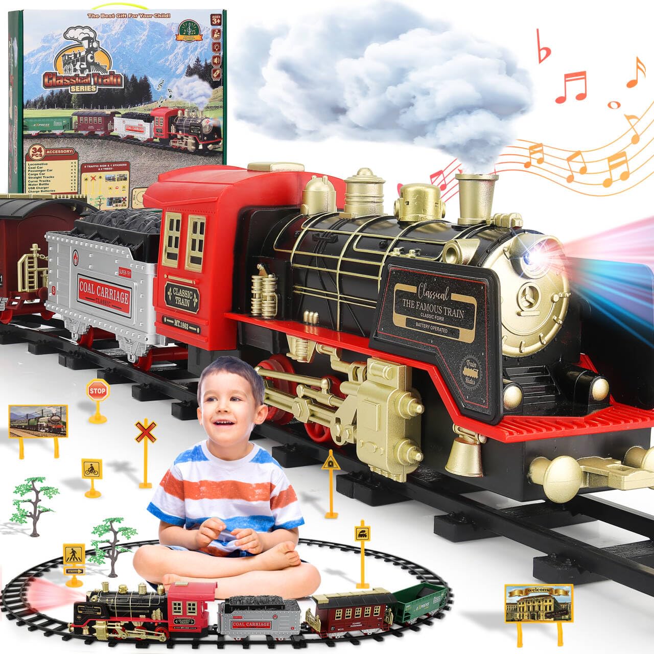 Train Set for Toddlers 2-4,Train Tracks Toys for Toddlers 3-5,Kids Electric Train Set with Smokes,Lights and Sound,Model Train for Christmas Tree,Gift for 3 4 5 6 7 8+ Years Old Boys Girls