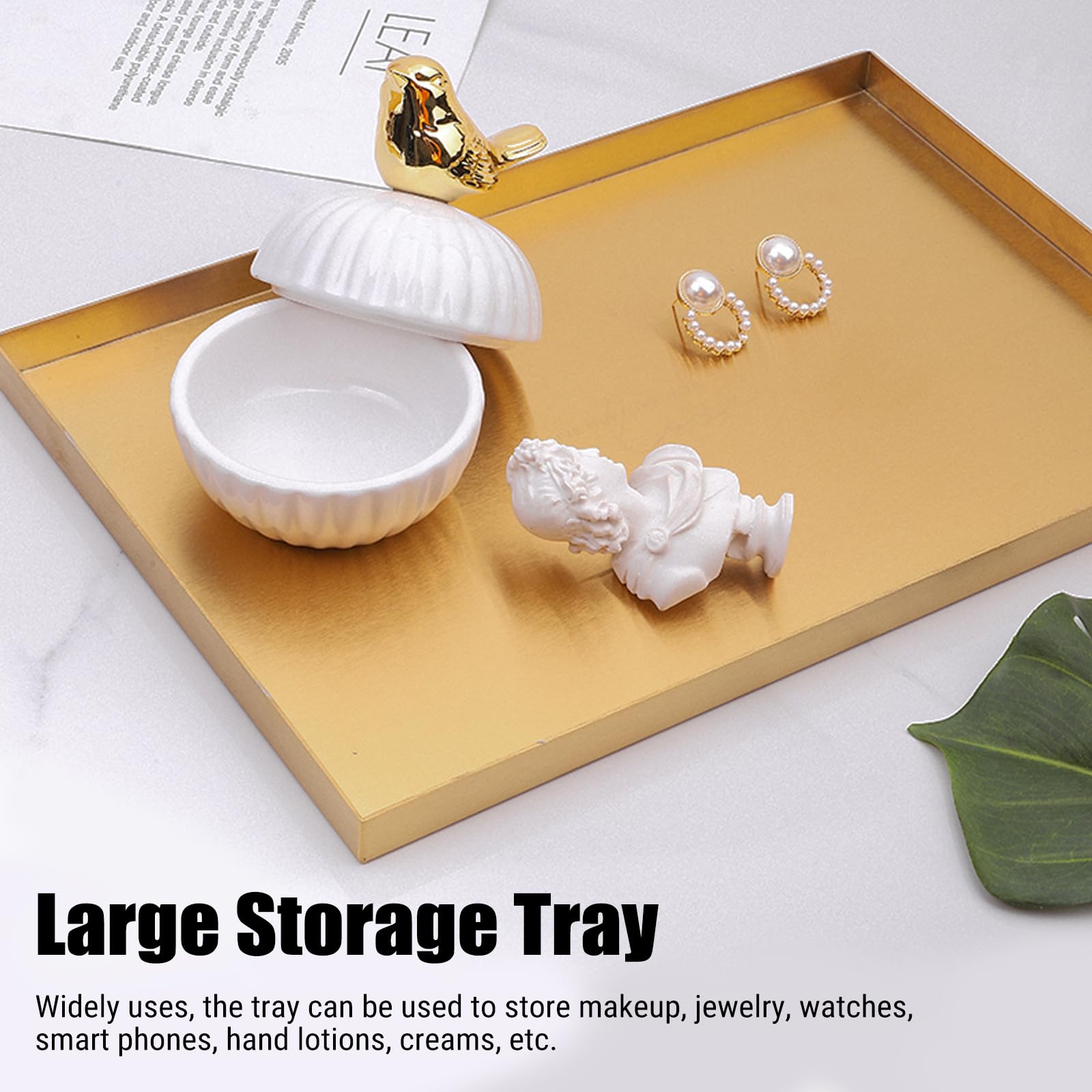 Vassoio Bagno Portaoggetti Impermeabile, 30x20cm Oro Vassoio Decorativo Rettangolare Grande, Acciaio Inox Vassoi Portaoggetti Per Vanità,Comò, Ingresso, Bagno, Vasca, Gioielli,Cosmetici,Candele