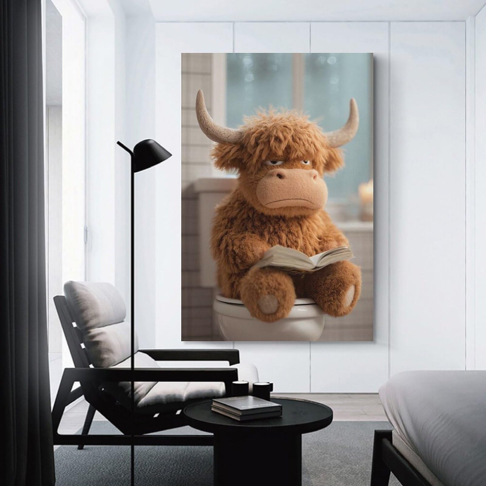 Junmoney Unframe-Style-9 Stuffed Highland Cow Reading On Toilet Poster, Picture, Metal Print, Paint By Creed Canvas Wall Picture, 24X36inch(60X90cm), For Study, Office Or Apartment Decor, A Wall Art Gift For Fresh Interiors