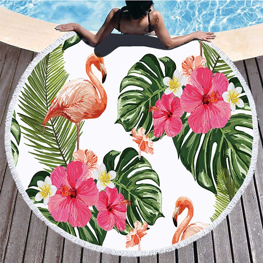 BOYOUTH Round Beach Towel,Flamingos,Palm Leaves and Floral Pattern Printing Beach Mat with Tassels Ultra Soft Super Water Absorbent Multi-Purpose Towel,59 inch-Diameter