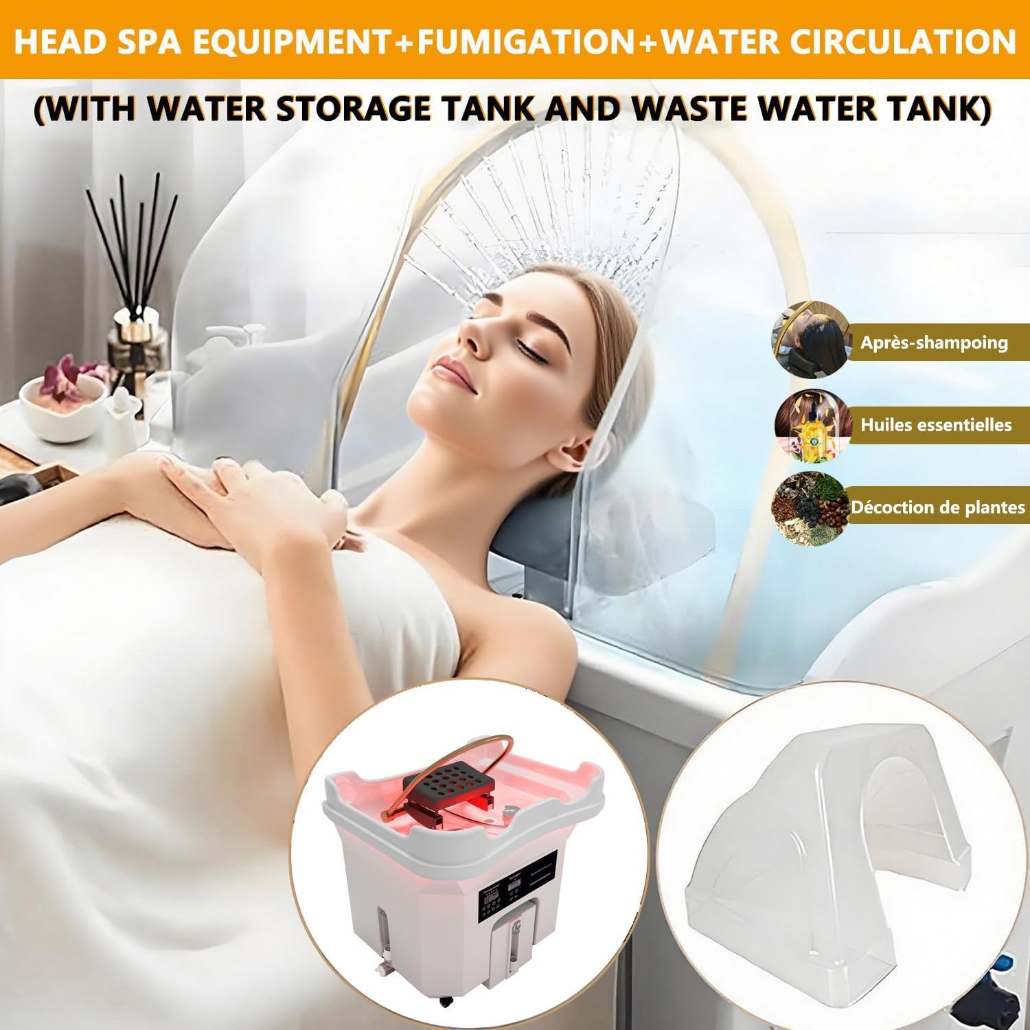 Generisch a-Ausrüstung mit Wasserfall-Spülung, Dampf & Vernebelung | Wasserzirkulations-Shampoobecken 60 L+Aufgerüsteter 20 L Abwassertank | Head Spa Waschbecken (White)