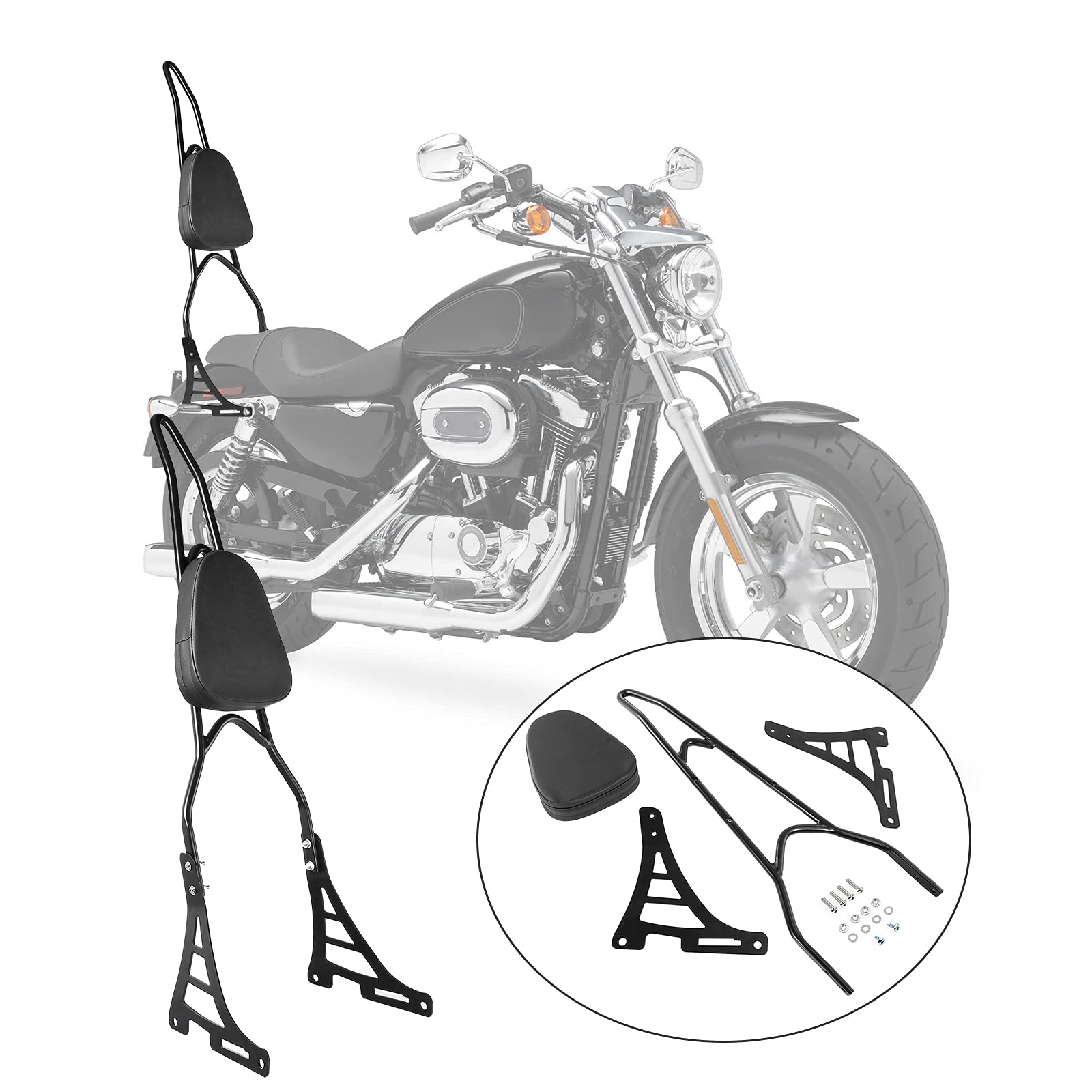 INNOGLOW Motorcycle PU Backrest Rear Passenger Driver Rider Backrest Detachable Sissy bar Kit with Leather Back Rest Seat Pad Fits For Harley Sportster XL883 XL1200 04-UP(Black)