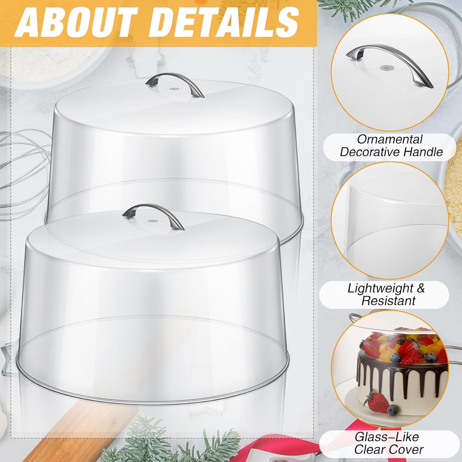 Uiifan 2 Pcs Clear Plastic Cake Dome Cover 12 Inch Acrylic Round Stand Cover 7.5'' Tall Dome with Metal Handle for Food Stand Plate Tray Pedestal Display, Transparent