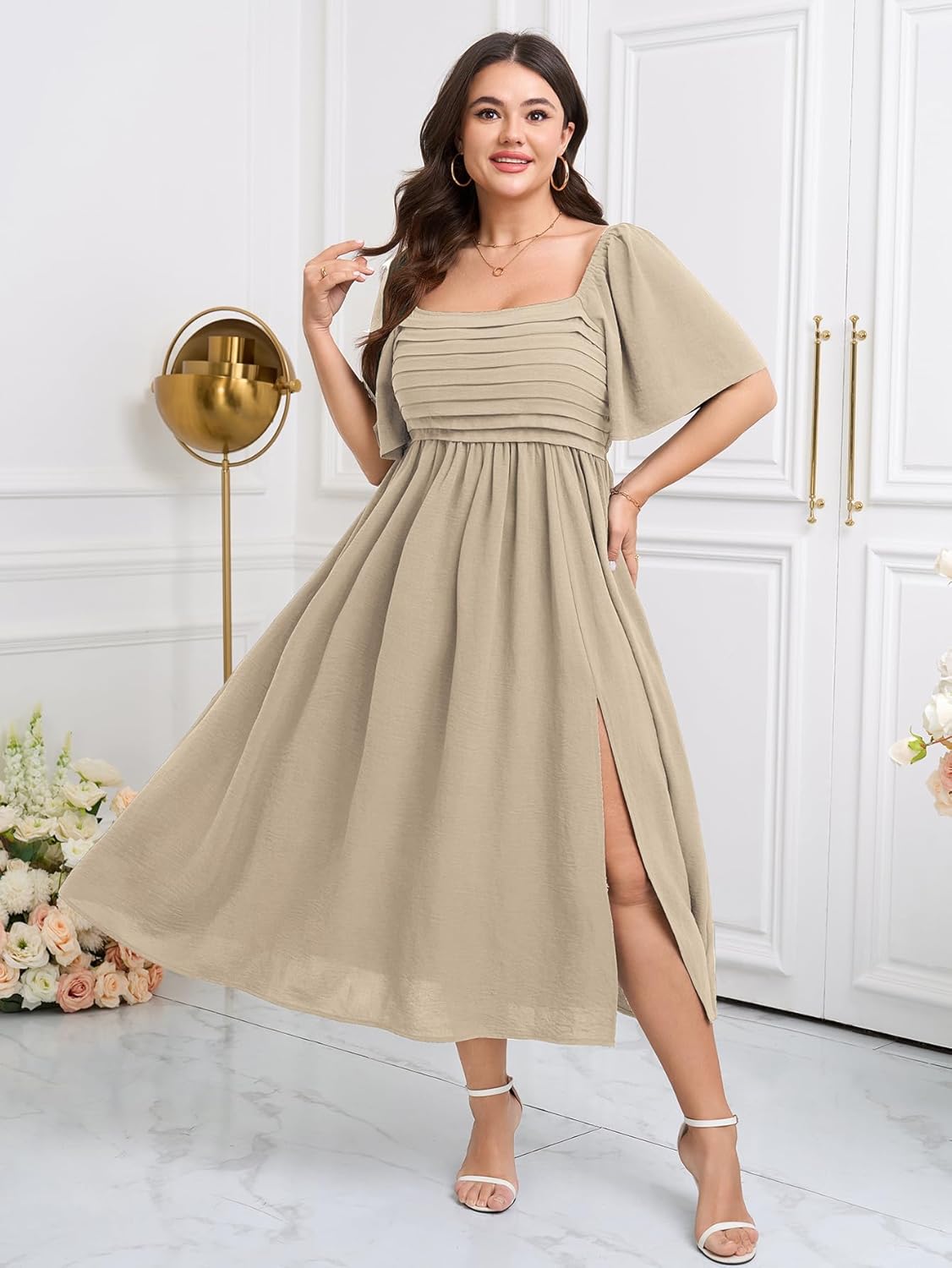Womens Plus Size Maxi Dress Pleated Square Neck Short Sleeve Smocked High Waist Flowy A-Line Slit Elegant Dresses - Image 6
