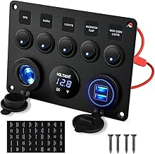Gebildet 5Gang Multifunction 5 Gang Rocker Dual USB Charger + Digital Volometer + 12V Output Pre-Wired Switch Panel with Circuit Breakers for RV Car Boat Truck Trailer