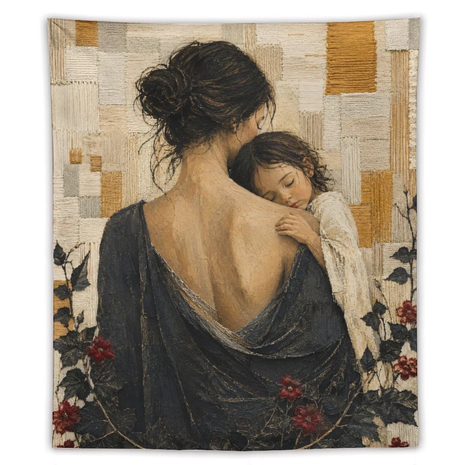 W7C8U2X3 Mother and Child Back View Wall Tapestry, Golden Pattern