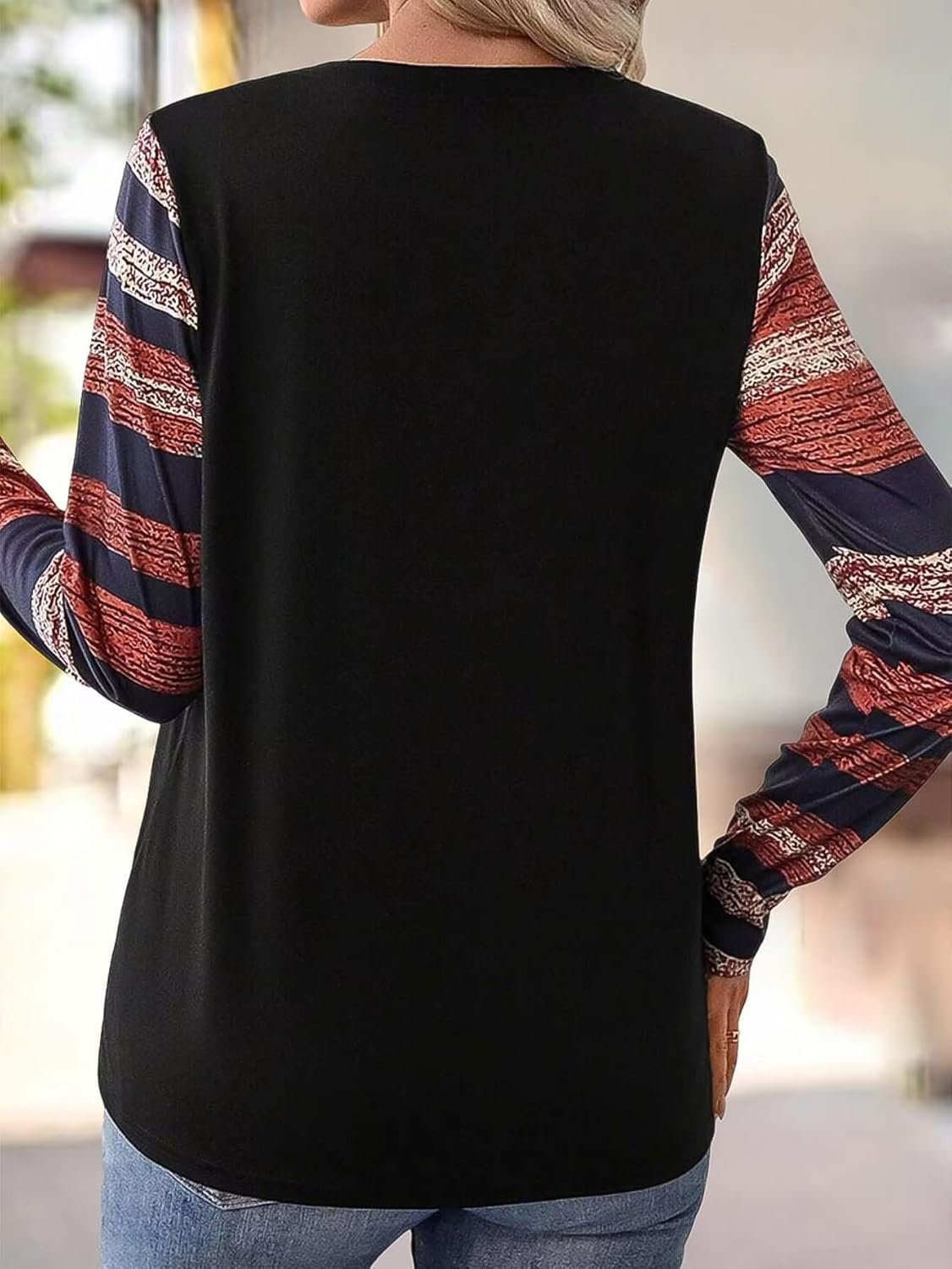 Flamingals Women's Notched Neck V Neck Striped Tops Long Sleeve Casual Work Blouse with Patch Pocket - Image 4