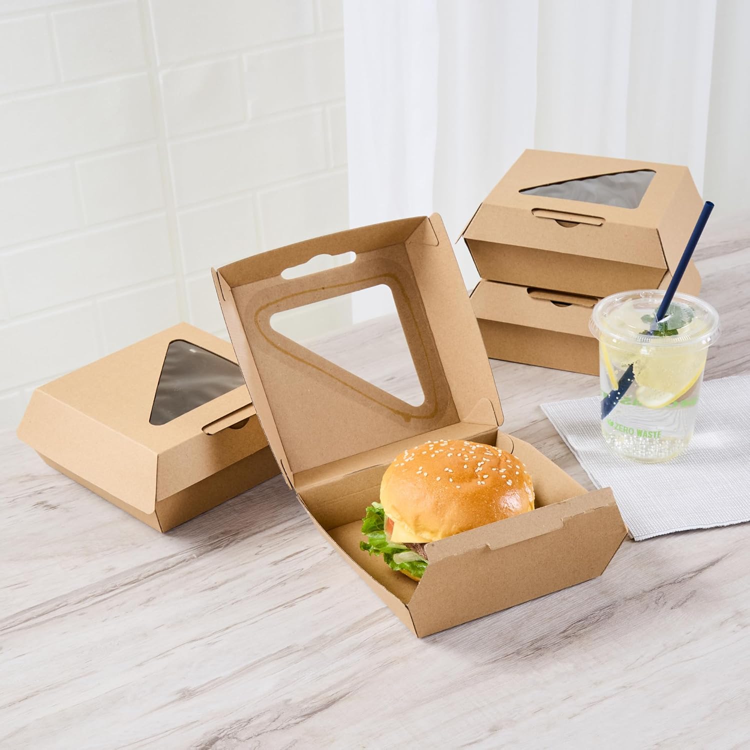 Restaurantware Clamshell Food Container 100 Count 5.41 x 5.5 x 2.63 Inches Paper Corrugated Take-Out Box Disposable Kraft Greaseproof Food Box For Burgers And Sandwiches