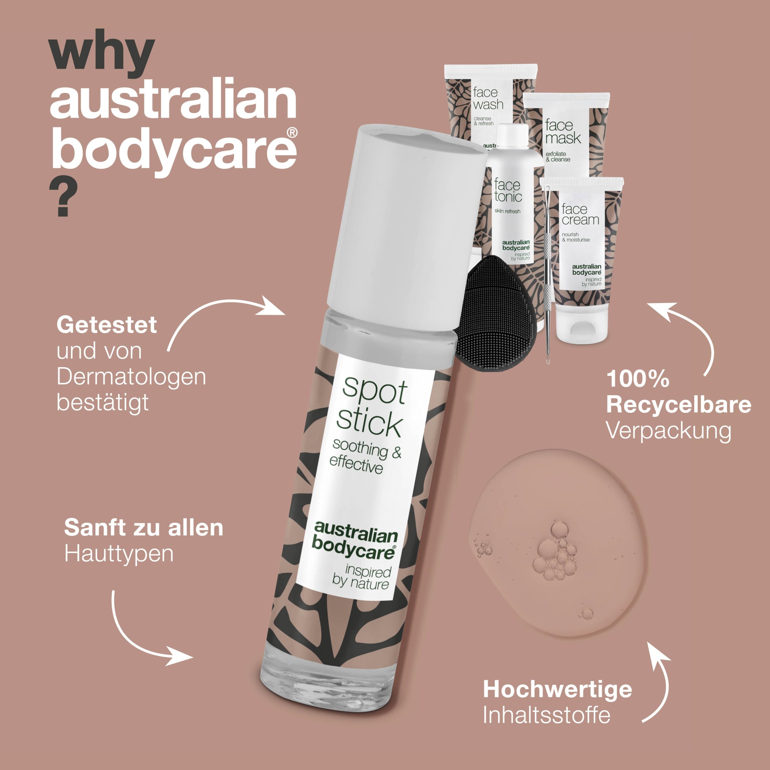 Ein 7-teiliges Set für die tägliche Pflege bei verstopften Poren und unreiner Haut | Gesichtsreinigung, Skin Tonic, Gesichtscreme, Pickel Stick, Gesichtsmaske, Mitesserentferner und Gesichtsbürste