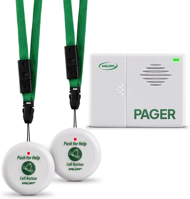Sistema de buscapersonas inteligente para cuidadores con 2 botones de llamada para asistencia a personas mayores, prevención de caídas y llamadas a enfermeras | Buscapersonas inalámbrico portátil para ayudar al paciente en casa | Empresa con sede en EE. UU. y atención al cliente | Asistencia para personas mayores, llamada a enfermeras, buscapersonas inalámbrico, dos botones de llamada portátiles, alcance de 300 pies, atención al cliente y empresa de EE. UU.
