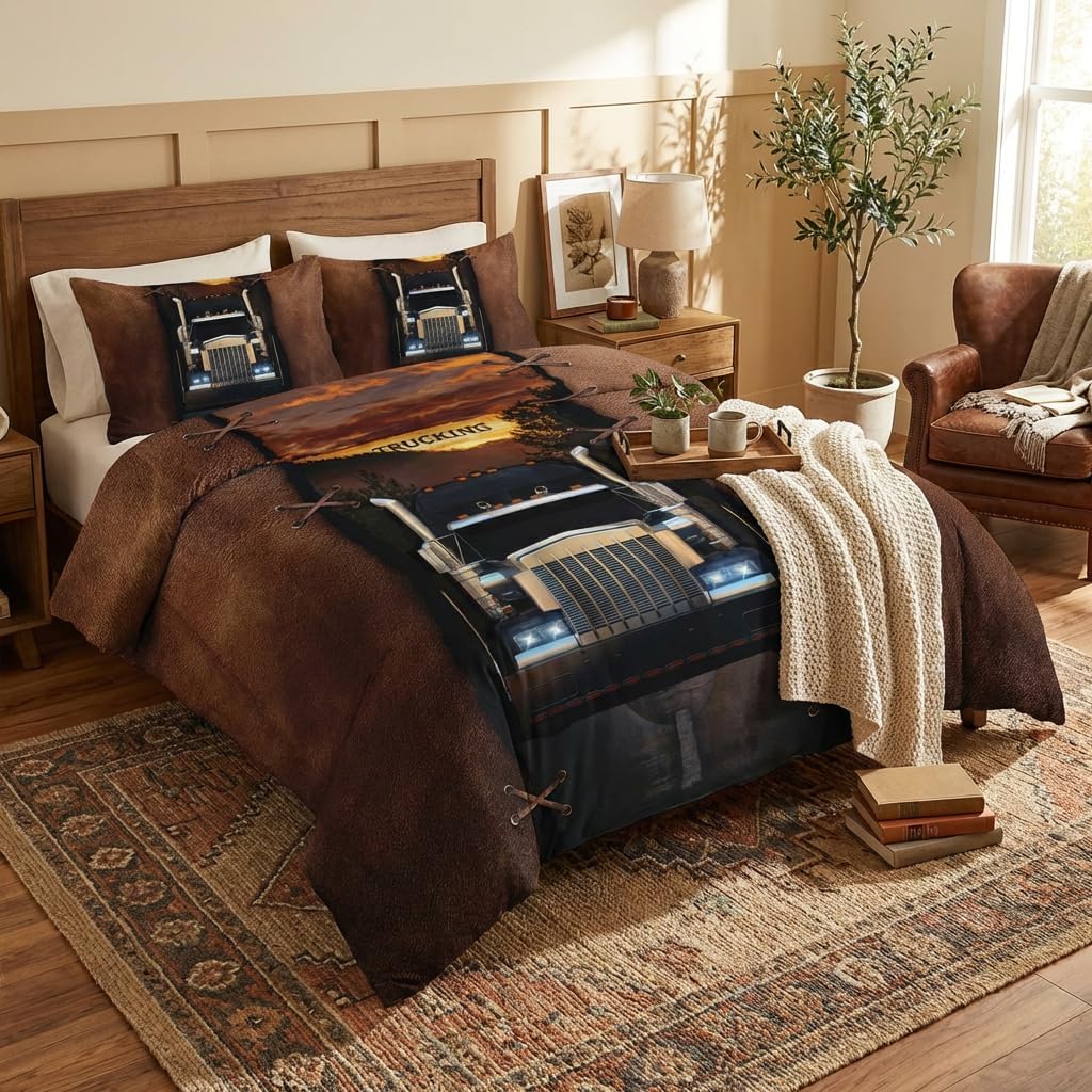 AILONEN Trucks Pattern Comforter Set Full Size, Brown Truck and The Forest at Dusk Patterns Bedding Set for Kids Boys Girls Teens Bedroom,3 Pieces,1 Quilt and 2 Pillowcases,Soft,Breathable