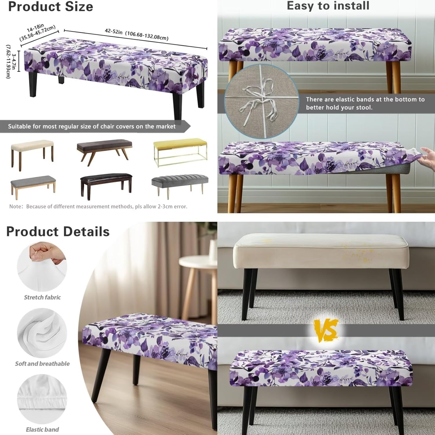 Purple Floral Stretch Dining Chairs Covers Set of 4 with Bench Cover for Living Room Decorations Leaf Dustproof Chair Slipcovers with Elastic Bottom for Family Gathering Potluck