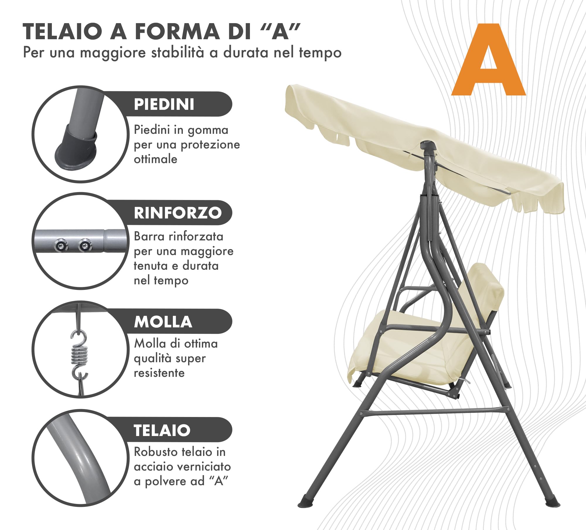 IlGruppone Dondolo da Giardino 3 Posti con Tetto Parasole Regolabile Reclinabile Impermeabile Struttura in Acciaio 173x109x157 Cm Tinta Unita Seduta Ammortizzata - Crema