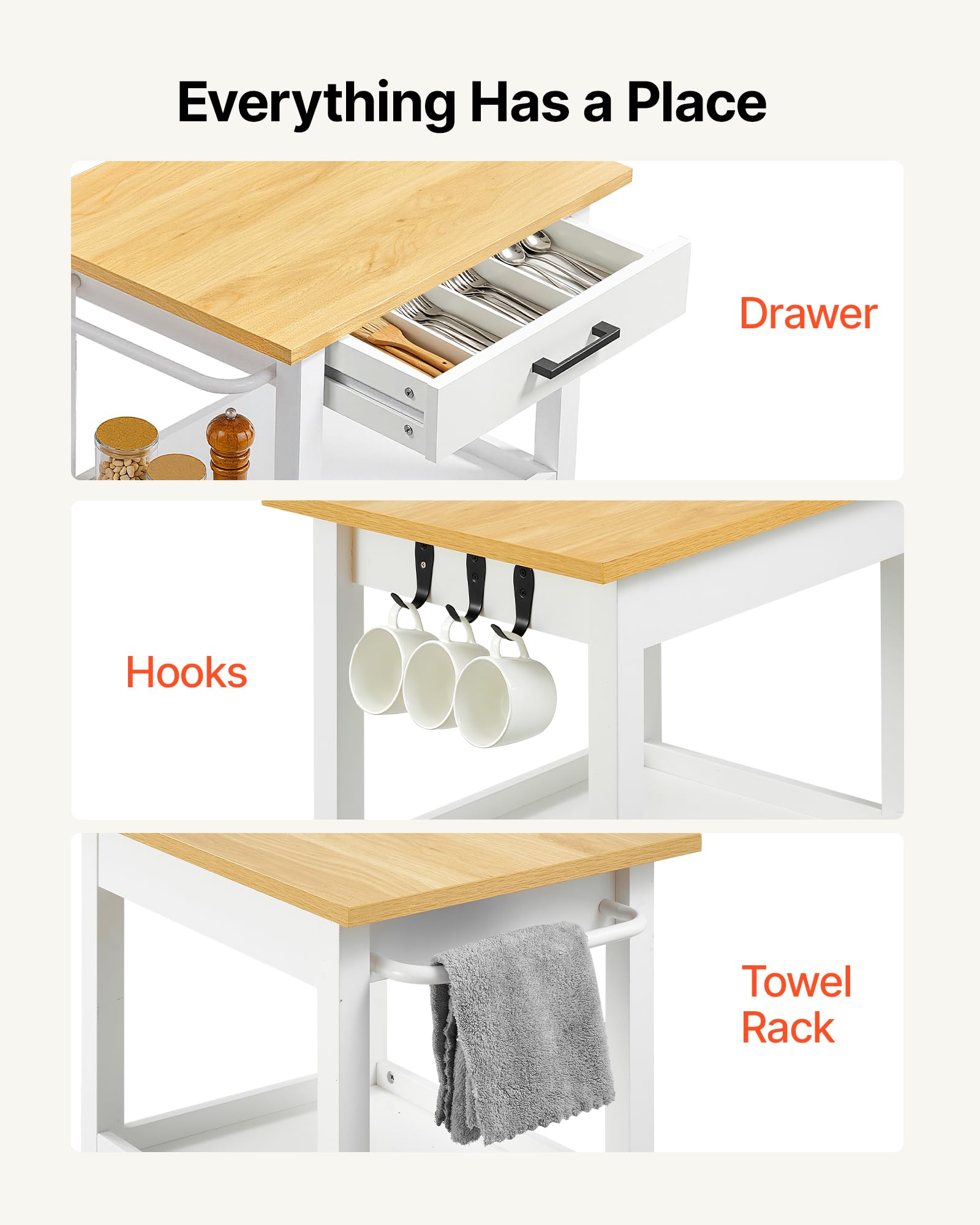VEVOR Carrello da Cucina Anta Singola Cassetto per Sala da Pranzo Bianco | Mobiletto Portaoggetti, Portasciugamani, Ganci, Tavolo Portautensili con 4 Ruote, Piccola Stazione da Caffè, Salotto, Ufficio