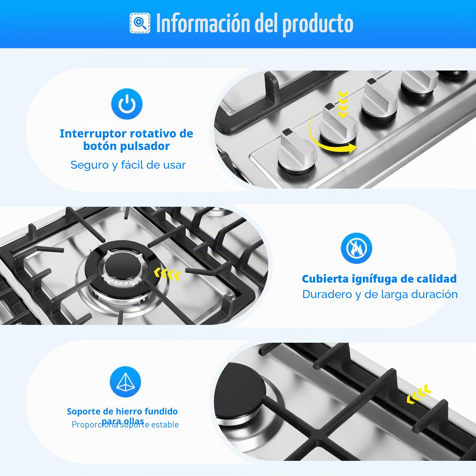 Placa de cocina de gas empotrable con 5 fuegos, acero inoxidable, 86 x 51 cm, para gas natural/propano, estufa empotrable con carcasa de acero inoxidable, para cocina y cocina comercial