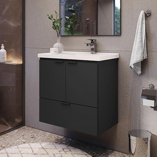 COZIMAX Vanity Soul - Lavabo de baño flotante de 24 pulgadas y lavabo de mármol cultivado con puerta de cierre suave (negro)
