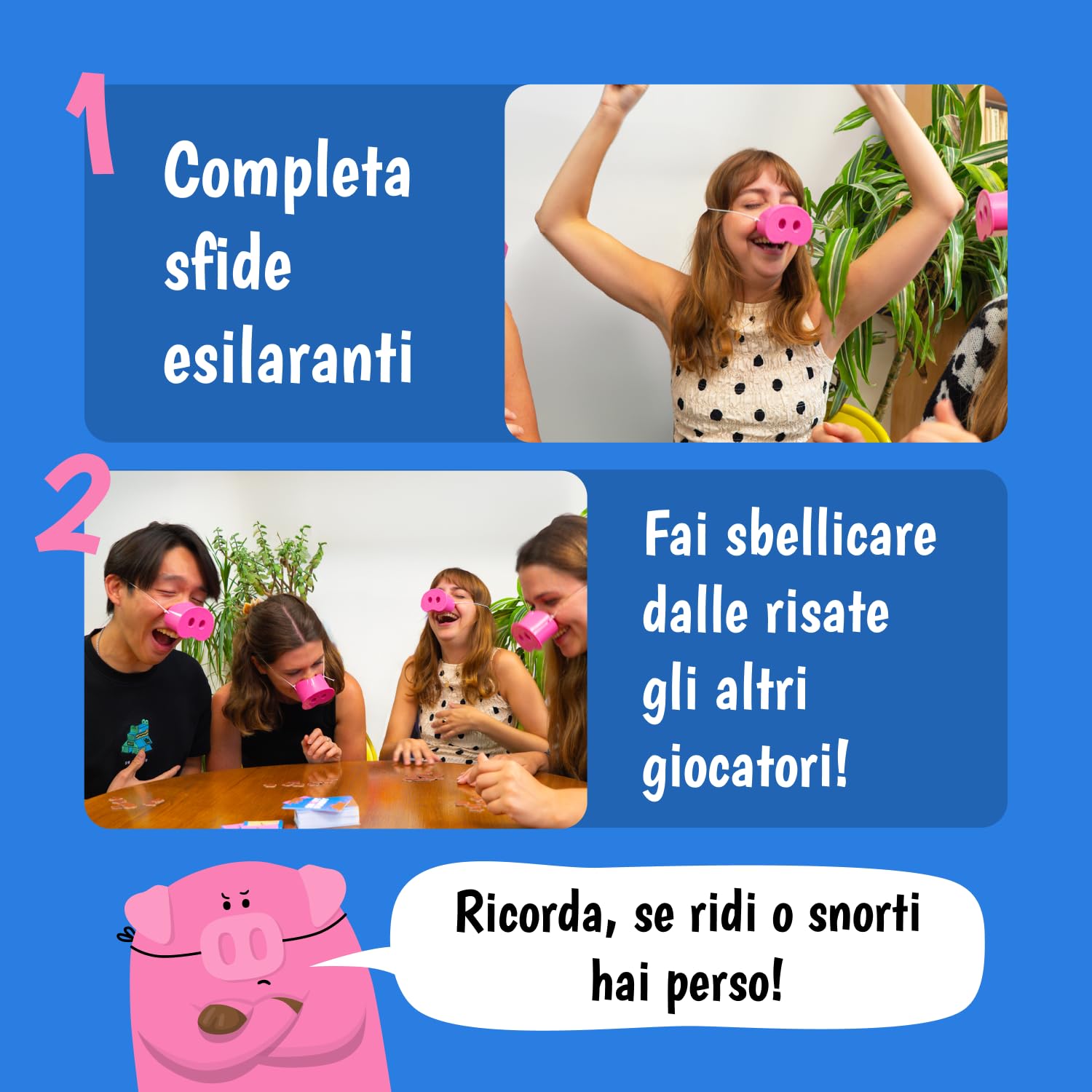 Snort Funny - Chi Ride Perde - Giochi Da Tavolo Adulti e Bambini - Con 150 Carte Sfida, 5 Musetti Di Maiale E Gettoni - Divertente Gioco Da Tavolo Per Tutta La Famiglia - Da 4-8 Giocatori - Età 8+