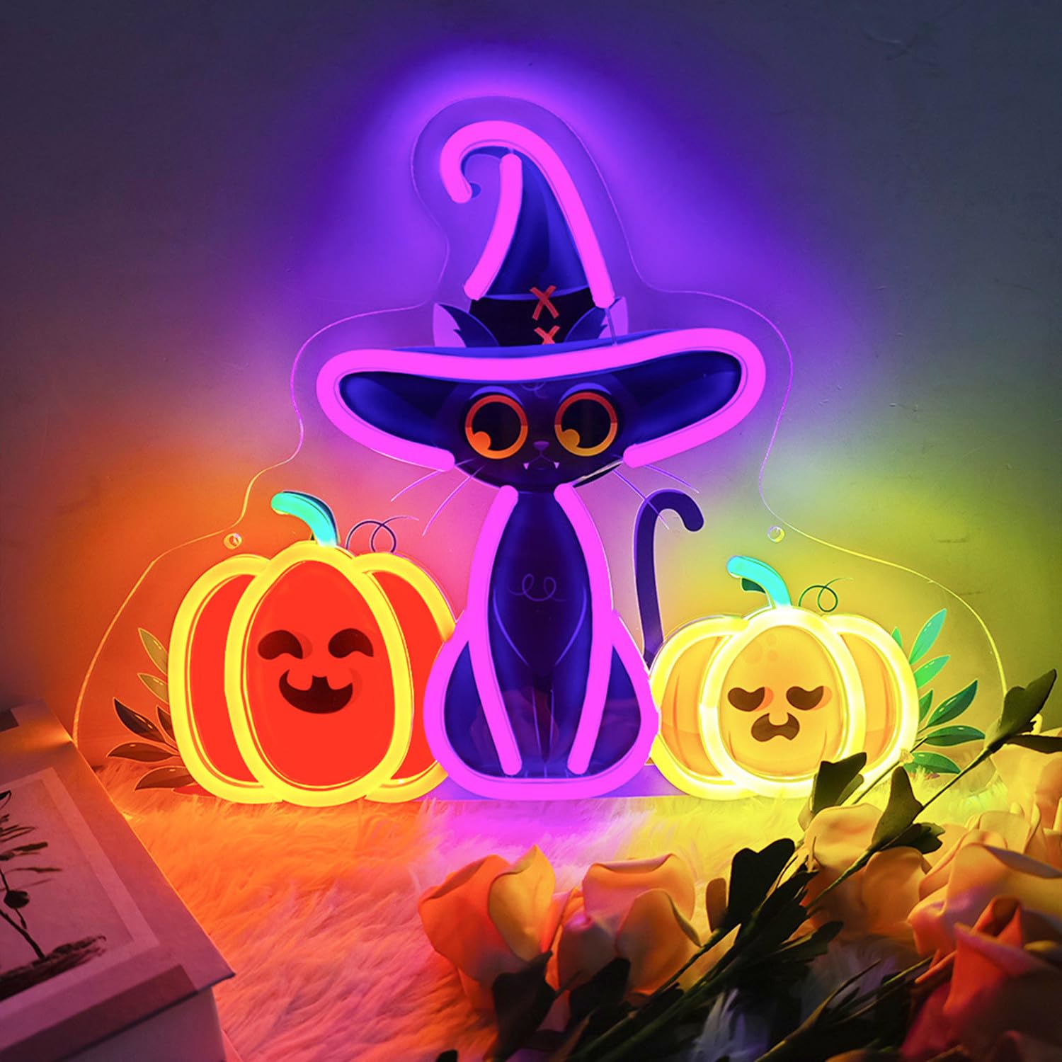 Halloween Dekor LED Kürbis Neonlicht Katzen Neon Leuchtschilder für Halloween Herbstpartys, Innenbereich Zuhause Kamin Fenster Wand Tür Hängende Dekoration, 5 V USB Betrieben
