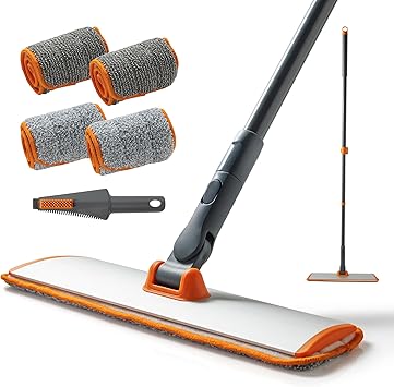 CLEANHOME Microfiber Mop Floor Dust Mop with Extendable Long Handle, Flat Mop with 4 Reusable Pads and 1 Dirt Removal Scrubber, Suitable for Home Kitchen Bathroom Living Room Cleaning