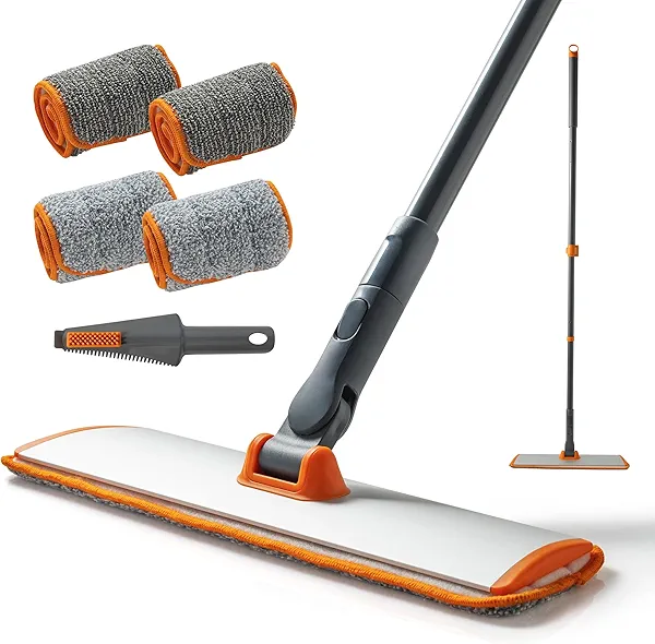 CLEANHOME Microfiber Mop Floor Dust Mop with Extendable Long Handle, Flat Mop with 4 Reusable Pads and 1 Dirt Removal Scrubber, Suitable for Home Kitchen Bathroom Living Room Cleaning