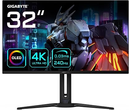 GIGABYTE AORUS FO32U2 31.5 OLED Player Monitor, 4K UHD (3840x2160), 240Hz 0.03ms GTG, Anti-Reflection, HDMI 2.1 & DisplayPort 1.4 USB-C, DisplayHDR True Black400, ClearMR 13000, KVM, Built-in Speaker