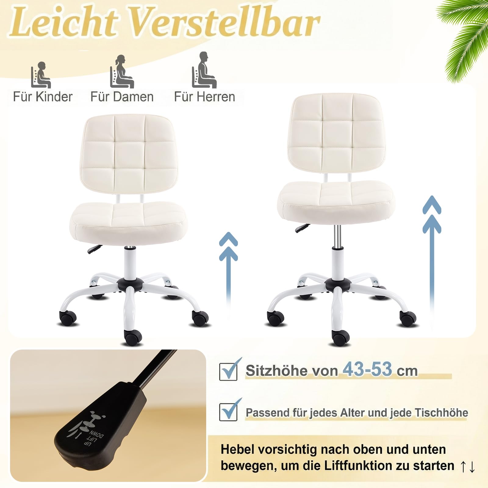 Bonnlo Bürostuhl ohne Armlehne, Kleiner komfortabler schreibtischstuhl mit Rollen, Drehstuhl Höhenverstellbar für Büro, Schlafzimmer, Arbeitszimmer, Schminkstuhl aus Leder, Weiß