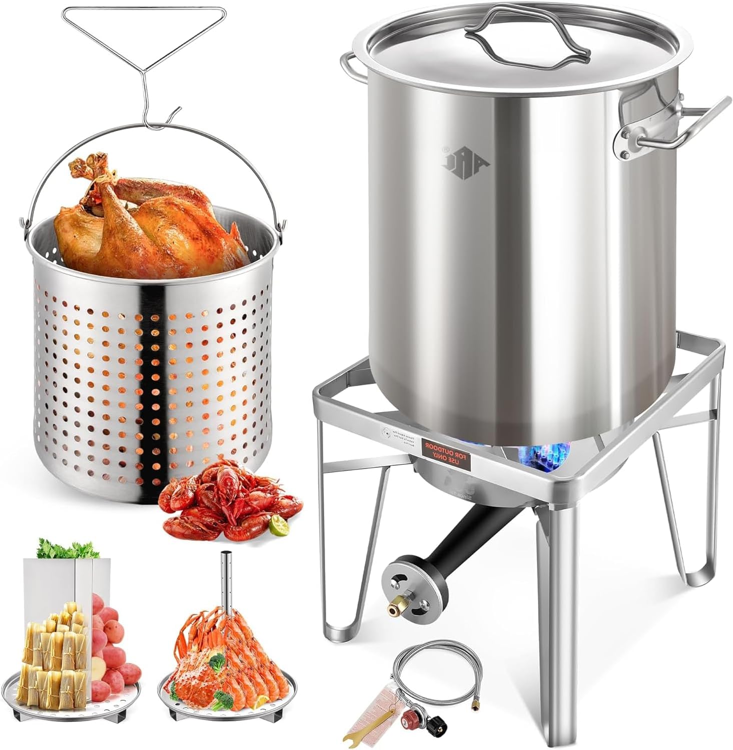 ARC 52QT Stainless Steel Turkey Fryer Pot and Burner Kit, Propane Burners, Tamale Steamer Pot with Basket, Steamer Rack, for Outdoor Cooking, Seafood Boil, Crawfish Boil, Home Brewing