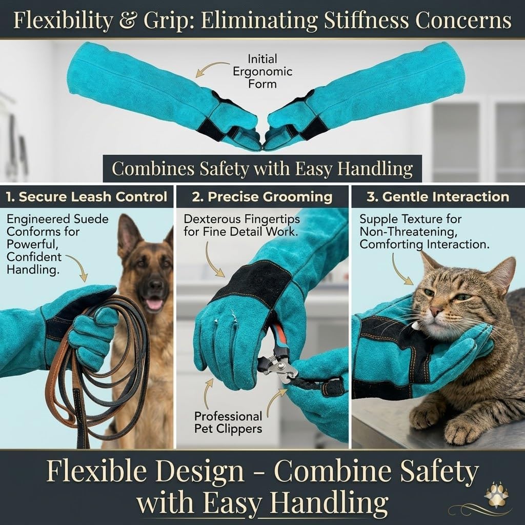 Bite Proof Leather Gloves for Cat Scratch Dogs Snake Reptile，Engthened and Thickened Animal Control Pet Grooming Training Glove