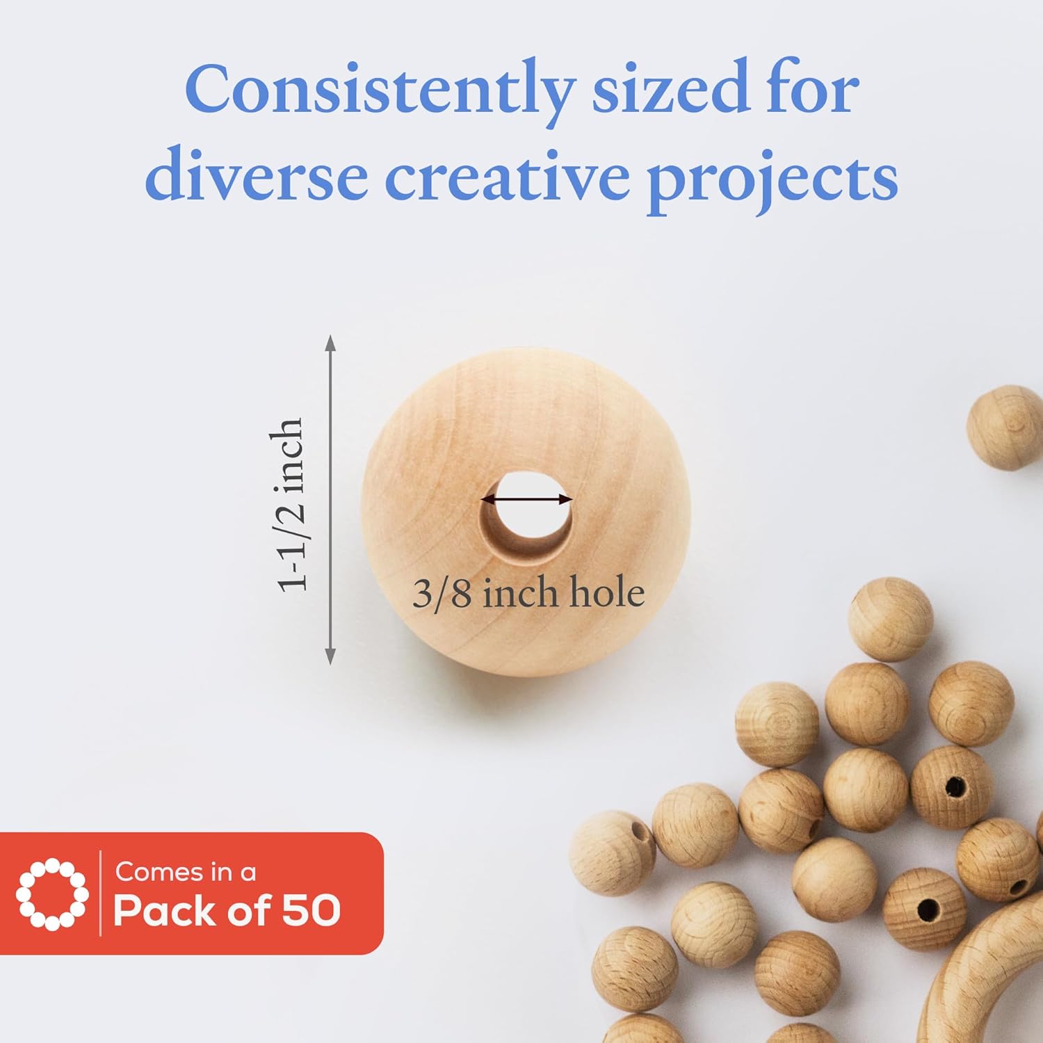Large Wooden Beads for Crafts - Pack of 50 38mm 1-1/2 x 3/8 Inch Hole Large Wood Beads for Crafts withHoles for DIY | Round Wooden Balls for Crafts | Wood Beads for Jewelry Making | Woodpeckers