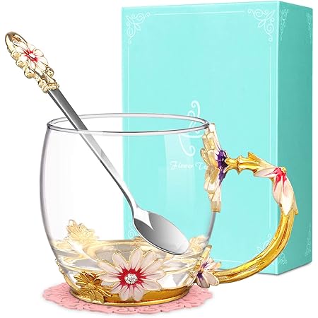 Flower Tea Cup, Wisolt Lead-Free Handmade Glass Enamel Mugs with Delicate Spoon and Gift Box, Perfect Gift for Wife, Mum, Girl, Teacher on Birthday, Valentine's Day, Mother's Day, Wedding Anniversary