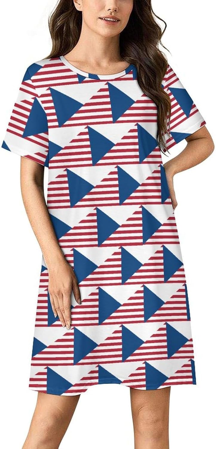 Flag of Czech Republic And USA Nightgowns for Women Short Sleeve Sleep Dress Casual Sleepshirt Night Gowns Pajamas