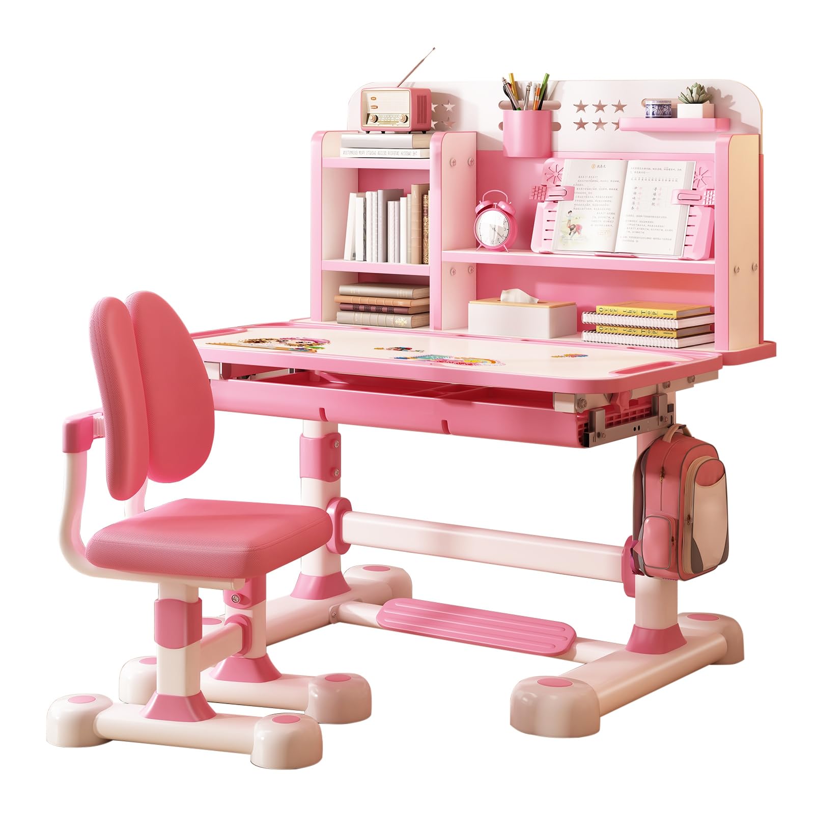 Escritorio y silla ajustable para niños, corrector de postura, soporte para libros, pedal de pie, color rosa