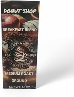 First & Main Coffee Co., Donut Shop, Breakfast Blend, Medium Roast, Ground Coffee, 1 Pound Bag