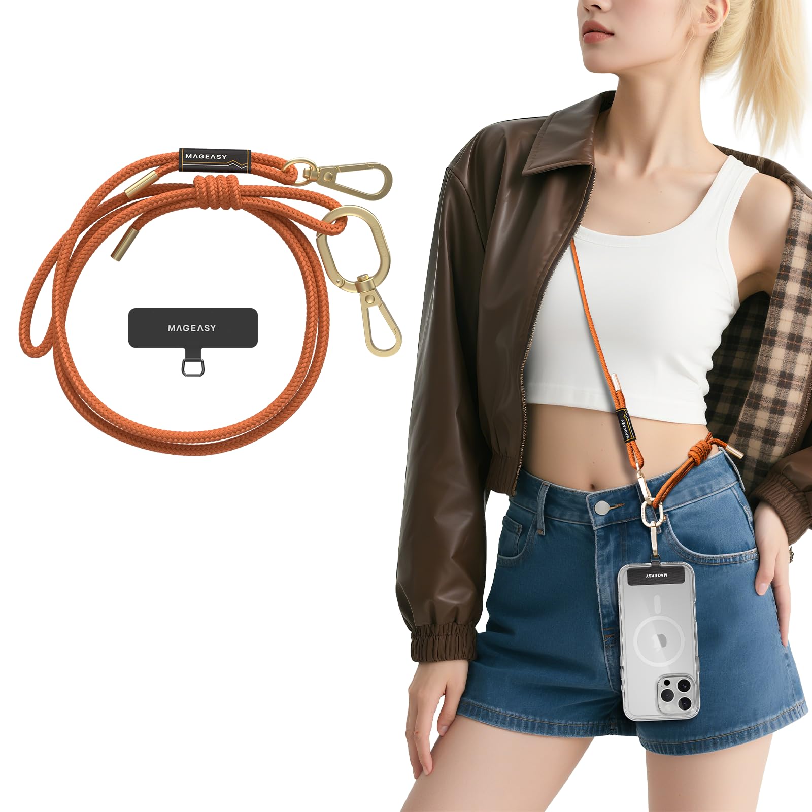 MAGEASY Universal Cell Phone Lanyard - Anti-Theft Rope Crossbody Phone Strap for iPhone 16 Pro Max & Most Smartphones, for Men & Women | 6mm Orange