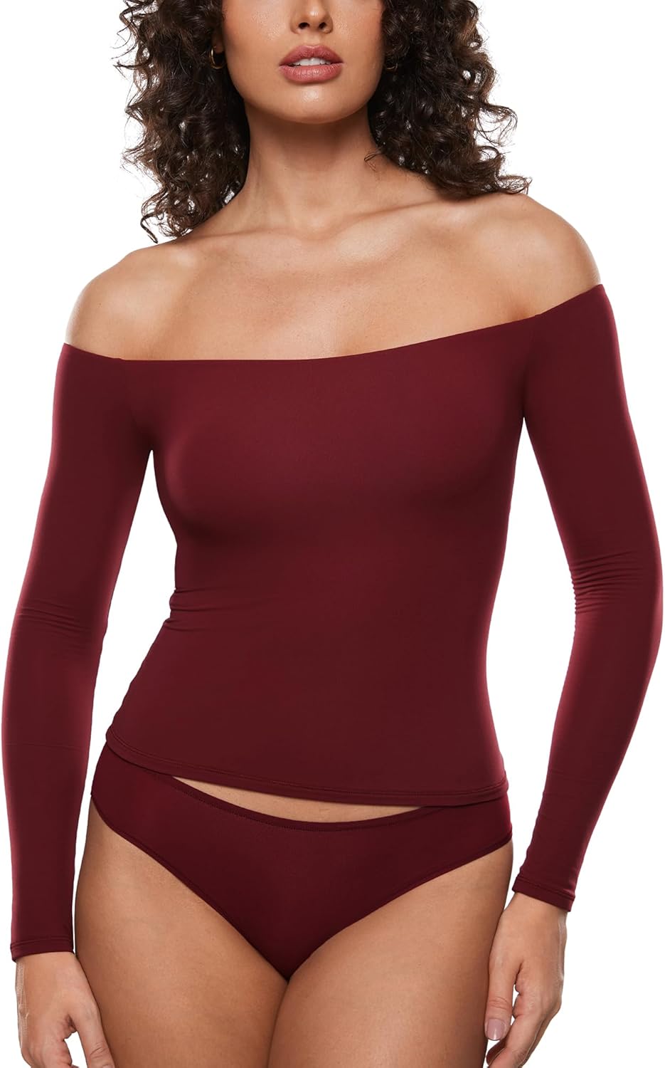 INLYRIC Women's Inbarely Soft Off The Shoulder Double Lined Long Sleeve Tops Going Out Slim Fitted Sexy Trendy T-Shirts