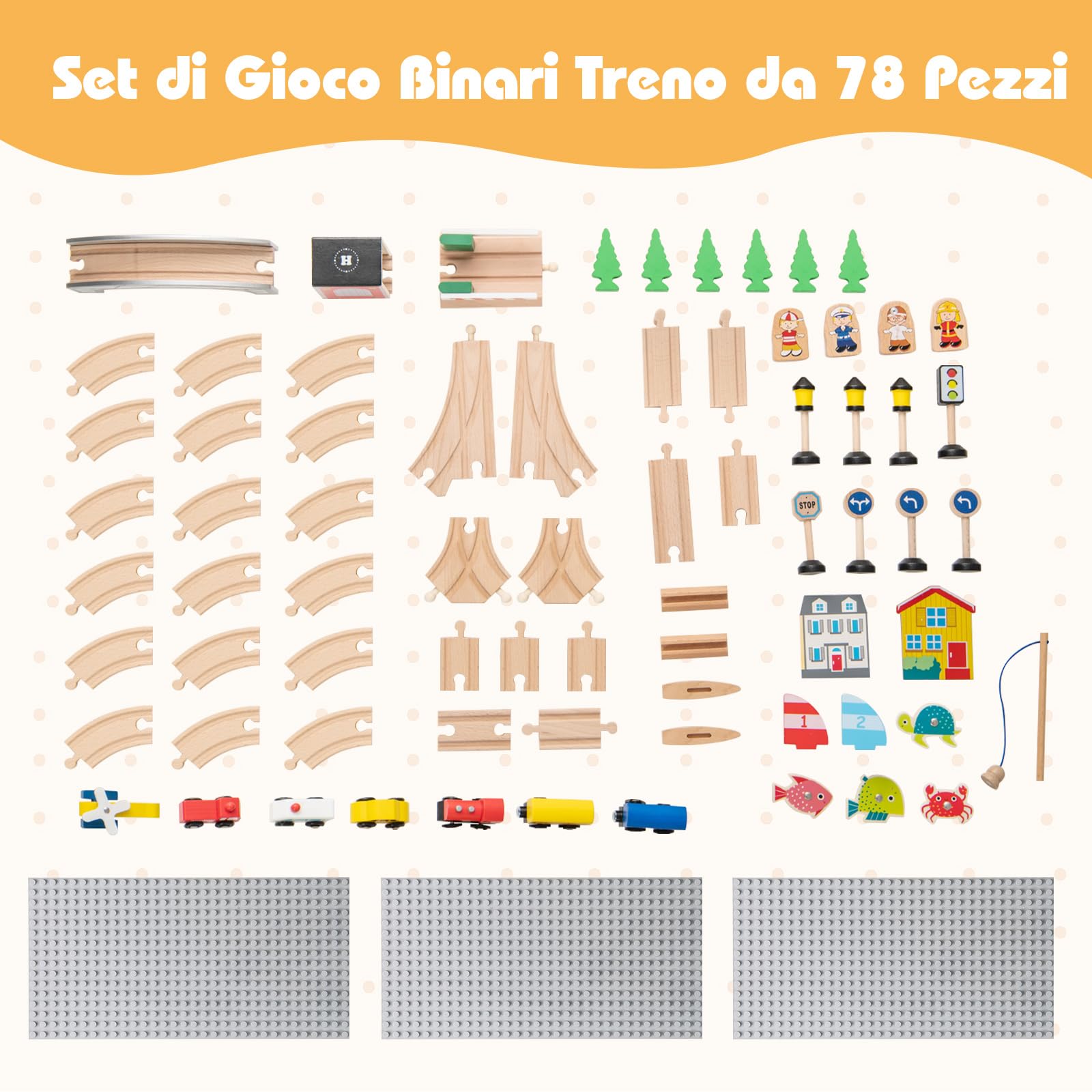 COSTWAY Tavolo e Set di Trenini in Legno, Tavolo da Gioco per Bambini con 78 Pezzi, Tavola Attività con Piano e Base Ribaltabile, Canna da Pesca Magnetica, Regalo per Bambini 3 Anni+