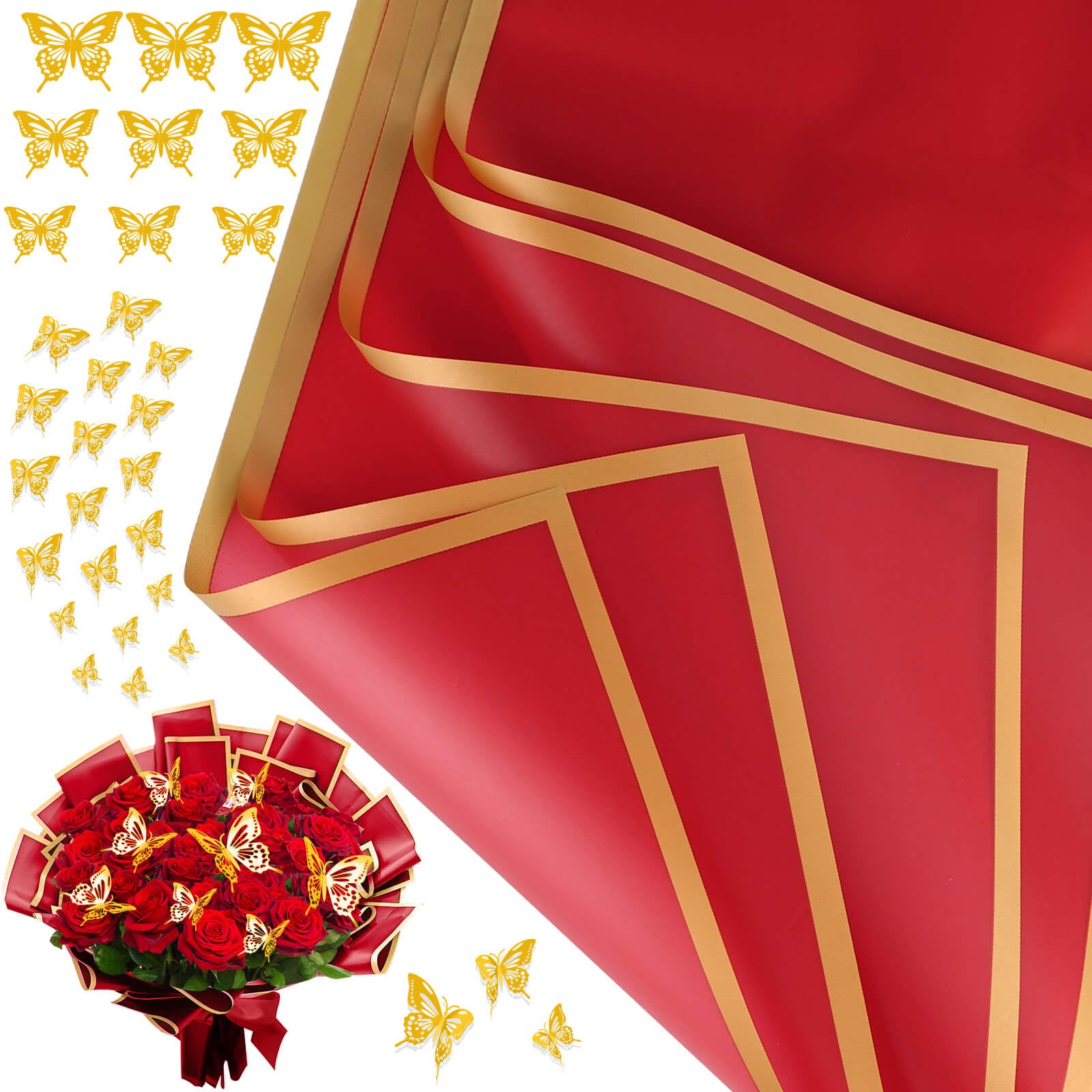 cridoz 20 Sheets Flower Bouquet Wrapping Paper with 12 Pieces Gold Butterfly Decorations for Flower Bouquets, Gift Wrapping(Red) โ image 1